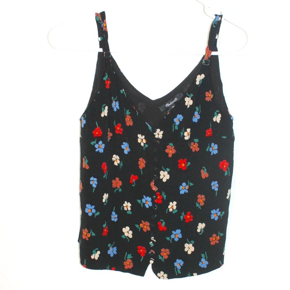 MADEWELL Black Floral Tank Top Size 00 Button Front Lined Boho Adjustable Straps